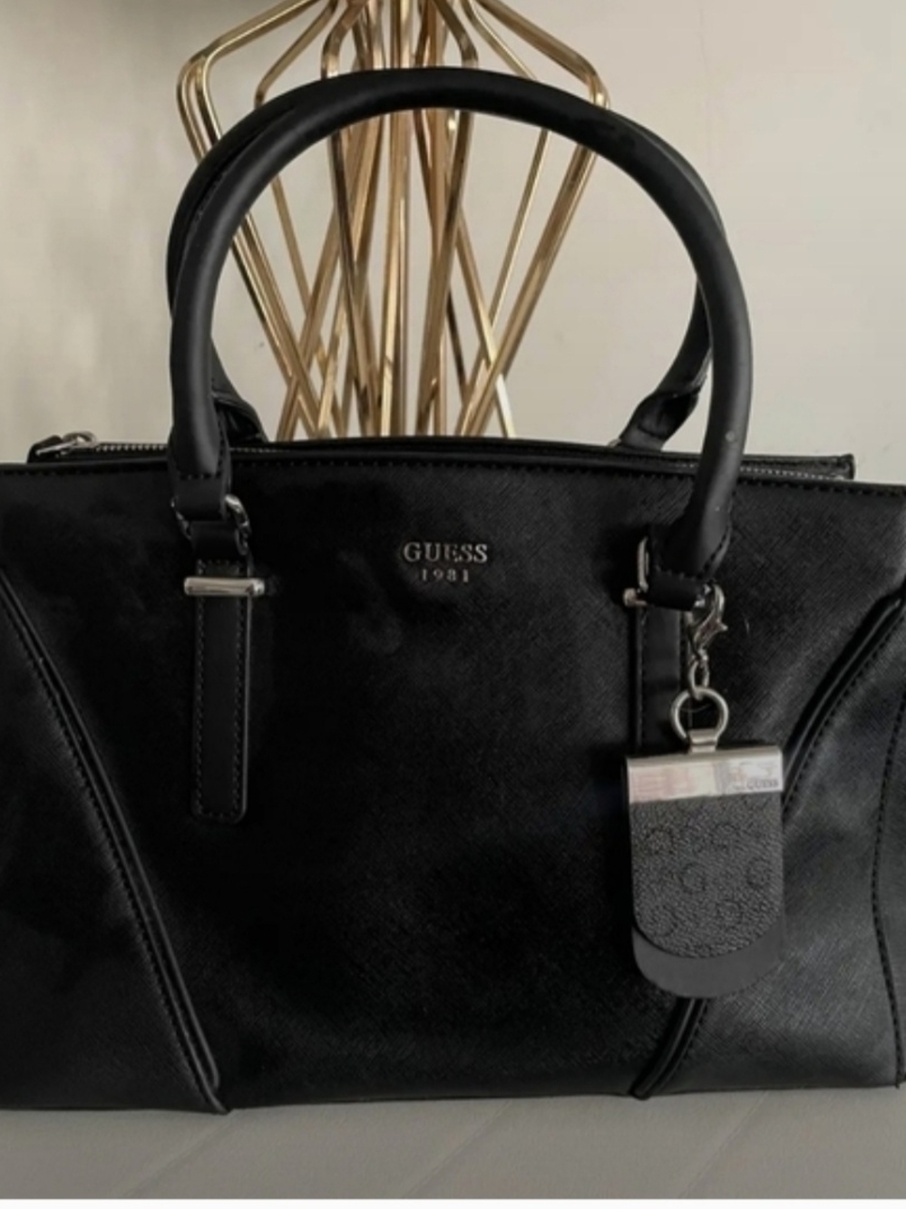 GUESS Black Saffiano-Style Satchel with Charm